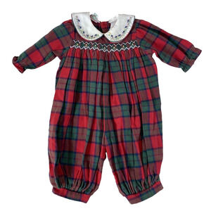 Vintage Christmas Romper One PIece Baby Girl 0-3M Embroidered Red Green Plaid